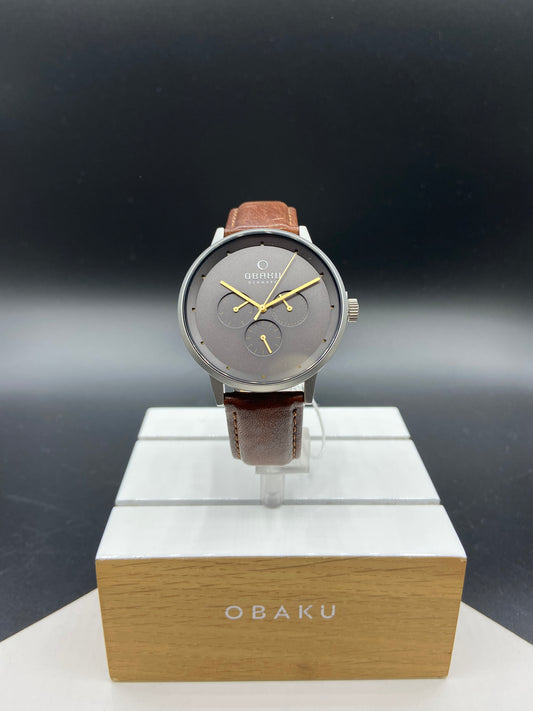 Montre Obaku Avec cadran gris et bracelet de cuir brun - Bijouterie Jean-Claude Gagnon