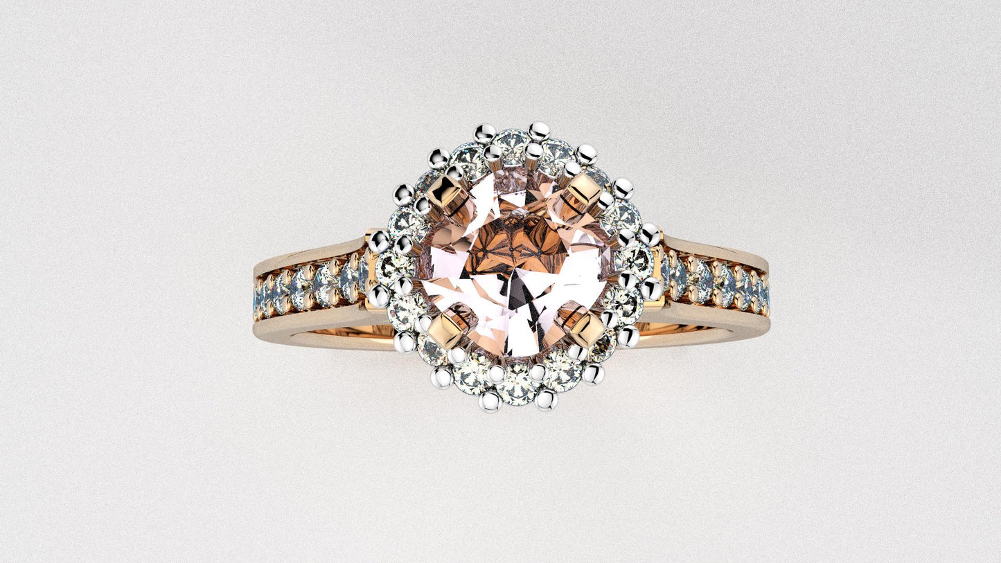 Bague à diamants en or rose et blanc avec Morganite.