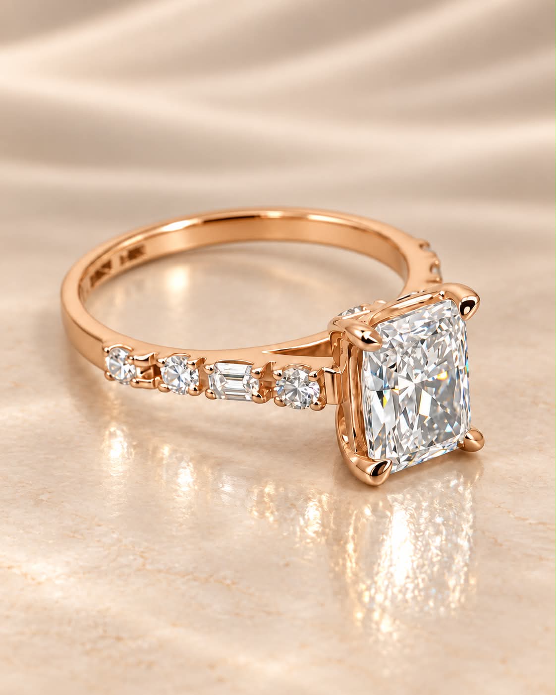 Bague or rose - diamant radiant rectangle de laboratoire