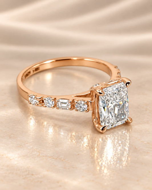 Bague or rose - diamant radiant rectangle de laboratoire