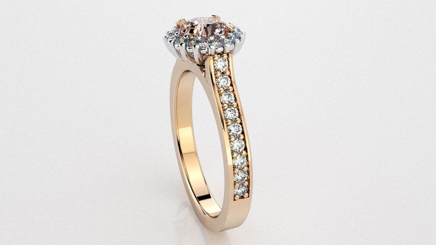 Bague à diamants en or rose et blanc avec Morganite.