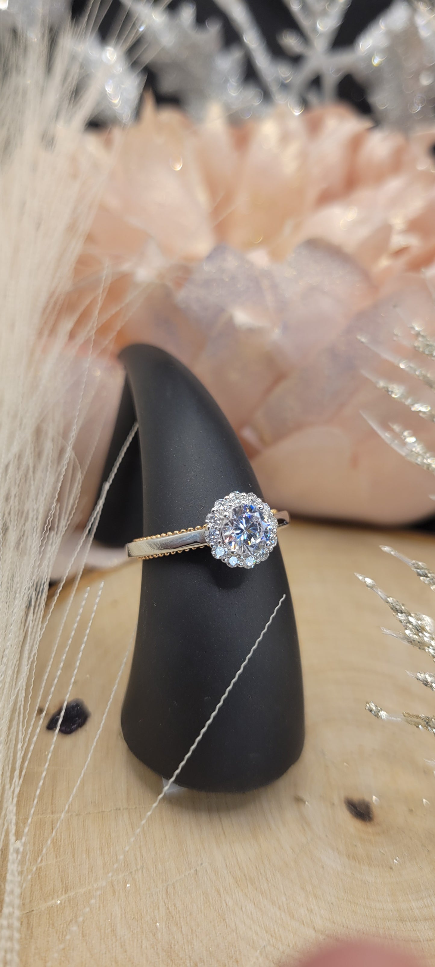 ✨ Bague en or blanc & or rose 14 carats – 1 zircon 14 diamants